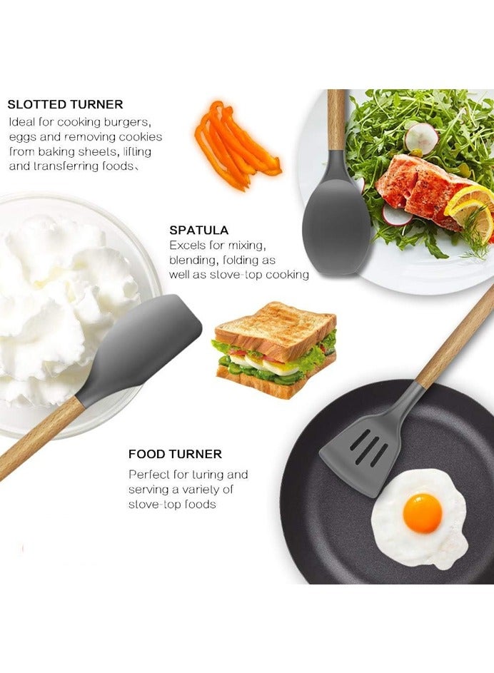 Rocket Flyer 11 Piece Silicone Cookware Set High Temperature Resistant Kitchen Utensil Set with Wooden Handle Anti Scalding Spatula Silicone Spoon Grey for Home Cooking Daily Use Gift - Image 4