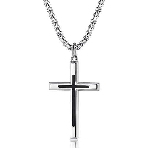 FANCIME Men Women Black Silver Cross Necklaces Sterling Silver Cross Pendant Polished Long Necklace Fine Jewelry Christmas Gift Valentines Day Gifts for Him Boys,Stainless Steel Box Chain Length 24'' - Image 1