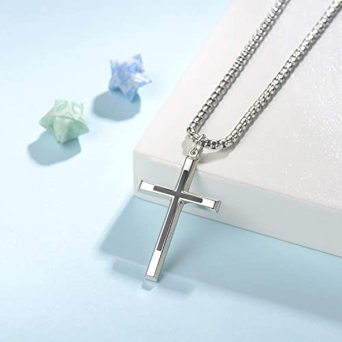 FANCIME Men Women Black Silver Cross Necklaces Sterling Silver Cross Pendant Polished Long Necklace Fine Jewelry Christmas Gift Valentines Day Gifts for Him Boys,Stainless Steel Box Chain Length 24'' - Image 3
