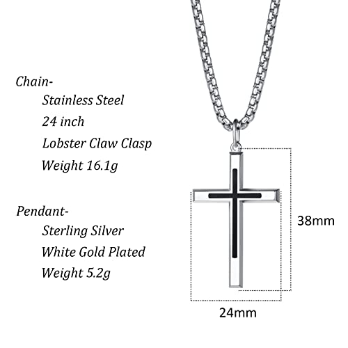 FANCIME Men Women Black Silver Cross Necklaces Sterling Silver Cross Pendant Polished Long Necklace Fine Jewelry Christmas Gift Valentines Day Gifts for Him Boys,Stainless Steel Box Chain Length 24'' - Image 5