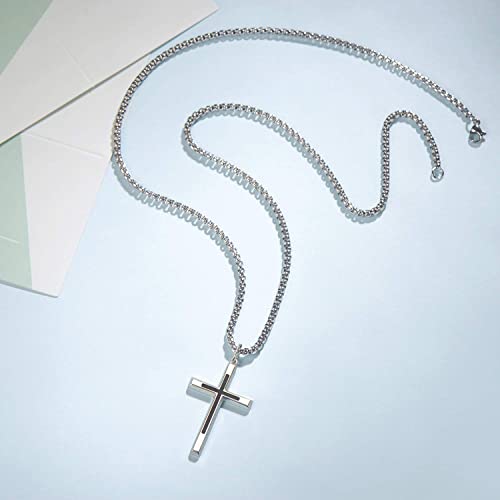FANCIME Men Women Black Silver Cross Necklaces Sterling Silver Cross Pendant Polished Long Necklace Fine Jewelry Christmas Gift Valentines Day Gifts for Him Boys,Stainless Steel Box Chain Length 24'' - Image 4
