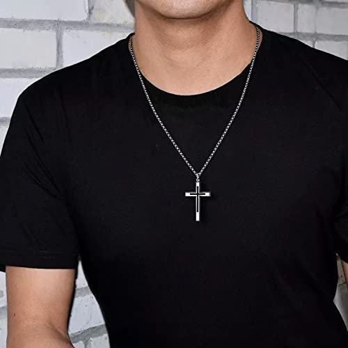 FANCIME Men Women Black Silver Cross Necklaces Sterling Silver Cross Pendant Polished Long Necklace Fine Jewelry Christmas Gift Valentines Day Gifts for Him Boys,Stainless Steel Box Chain Length 24'' - Image 2