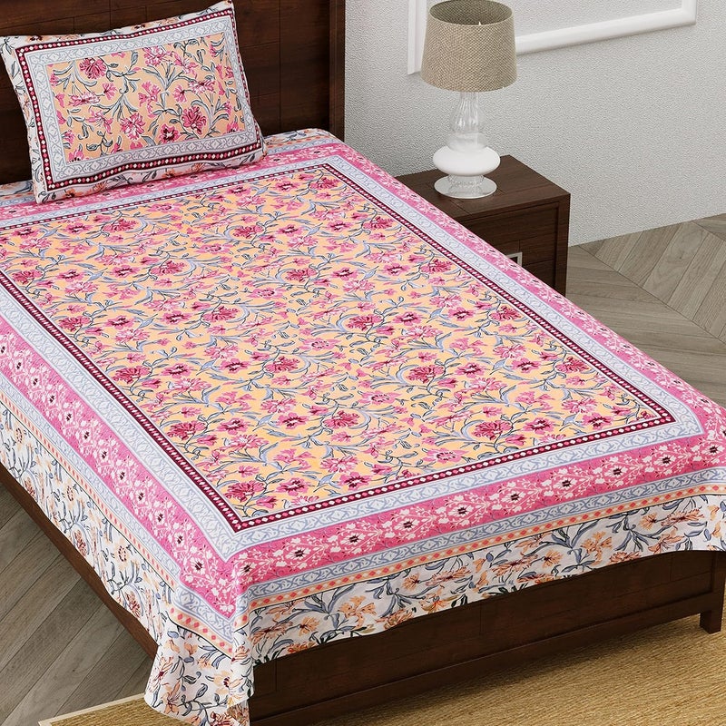 EasyGoods 240 TC Cotton Bedsheet for Single Bed Pink Ethnic22 Bedsheet Single Size Bed CottonSingle Size BedsheetSingle Bedsheet with 1 Pillow Cover 60x90 Inch Handcrafted Bed Sheets - Image 3