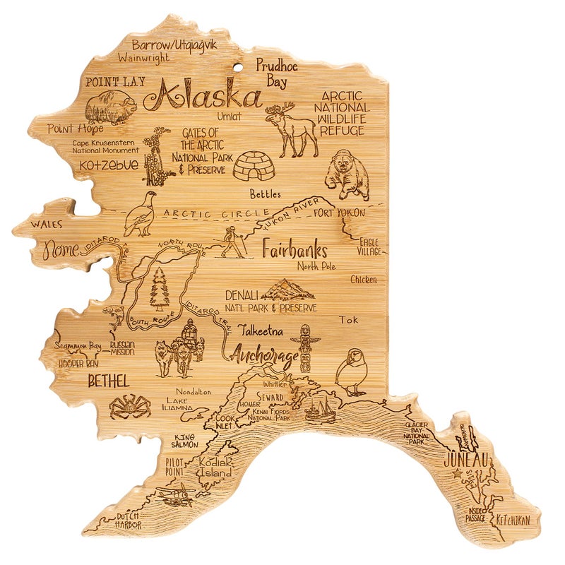 Totally Bamboo Destination Alaska State Shaped Serving and Cutting Board Includes Hang Tie for Wall Display
