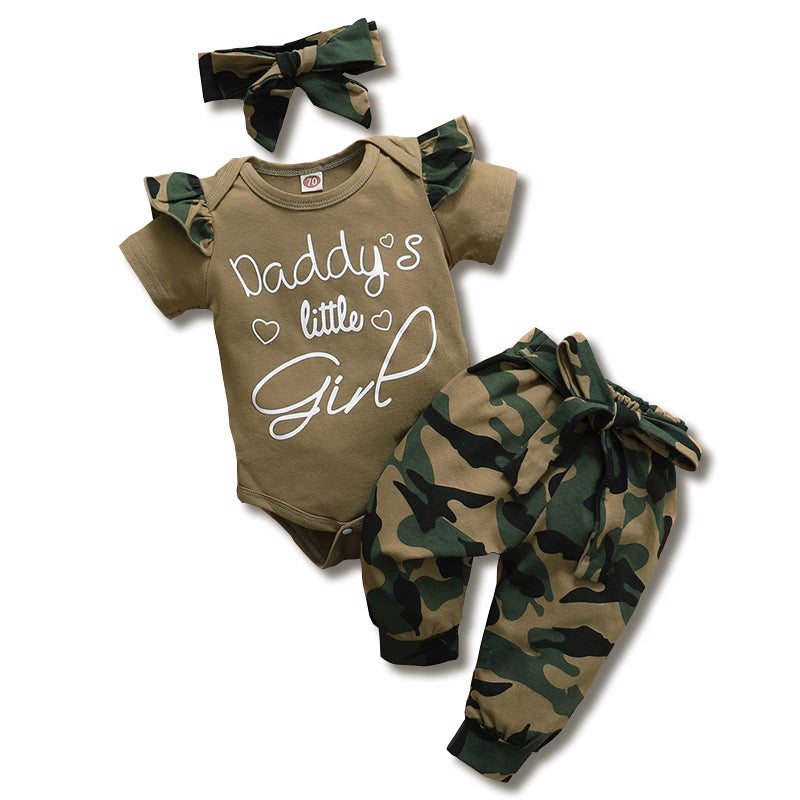 AMAWMW Baby Girl Clothes Set Daddys Little Girl Ruffle Romper Top Camouflage Pants Newborn Girl Outfit Green 0-3 Months - Image 1