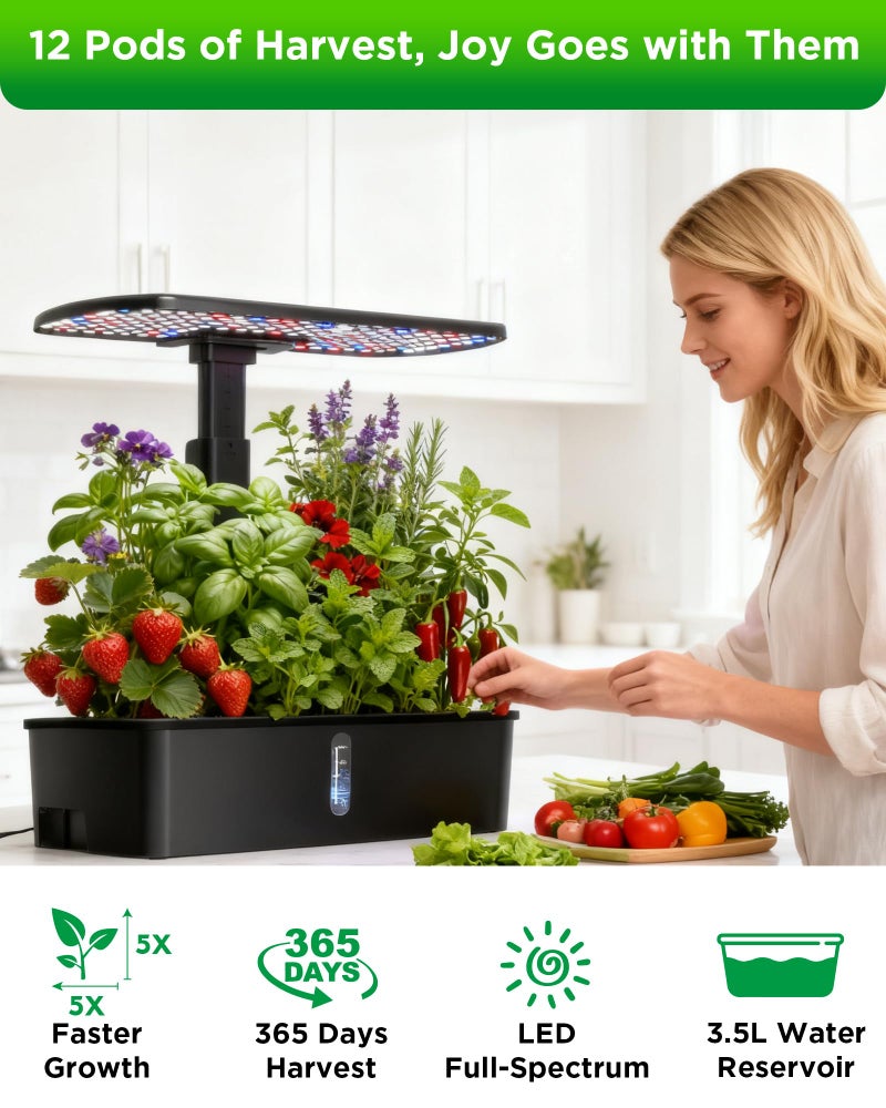 hdroor Hydroponics Growing System Kit 12 Pods Indoor Garden, Hydroponic Indoor Herb Garden Kit with Grow Light, Smart in Door Gardening Gifts for Women, Adjustable Height, Auto Timer, Quiet Pump - Image 2