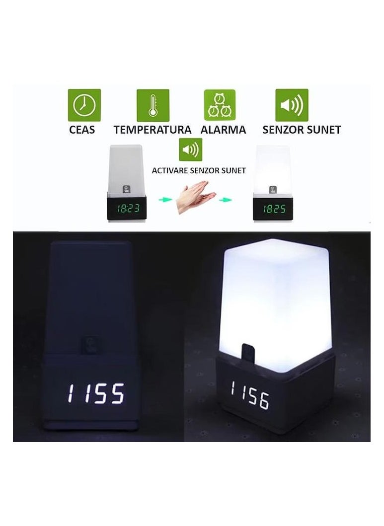 Voice Control Display LED Digital Desk Wooden Alarm Clock with LED Table Lamp