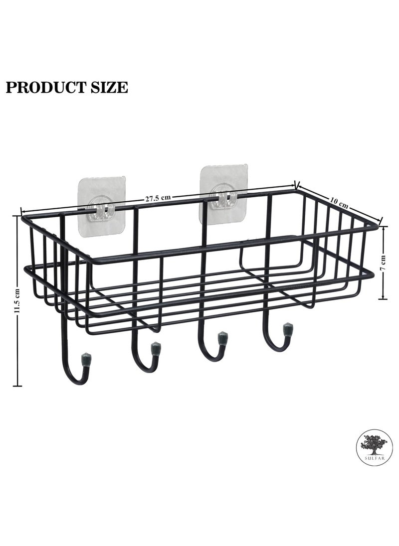 sulfar - MS Self Adhesive Bathroom Shelf with Hooks for Wall, Shelf Organizer, Kitchen Shelf with Magic Stickers - Pack of 1 (Black) - Image 1