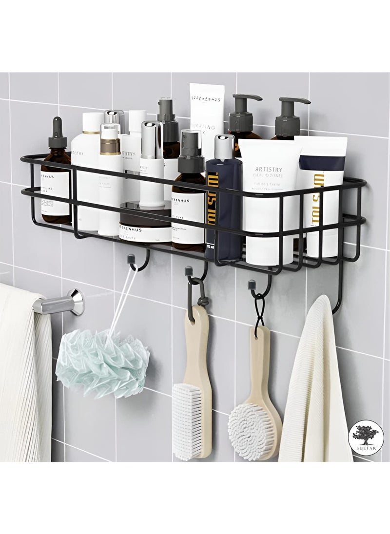 sulfar - MS Self Adhesive Bathroom Shelf with Hooks for Wall, Shelf Organizer, Kitchen Shelf with Magic Stickers - Pack of 1 (Black) - Image 1