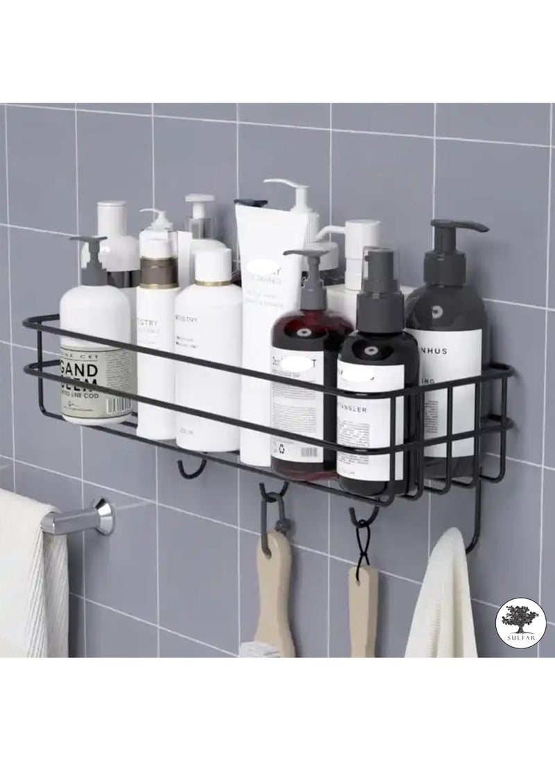 sulfar - MS Self Adhesive Bathroom Shelf with Hooks for Wall, Shelf Organizer, Kitchen Shelf with Magic Stickers - Pack of 1 (Black) - Image 1
