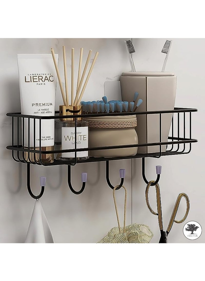 sulfar - MS Self Adhesive Bathroom Shelf with Hooks for Wall, Shelf Organizer, Kitchen Shelf with Magic Stickers - Pack of 1 (Black) - Image 1