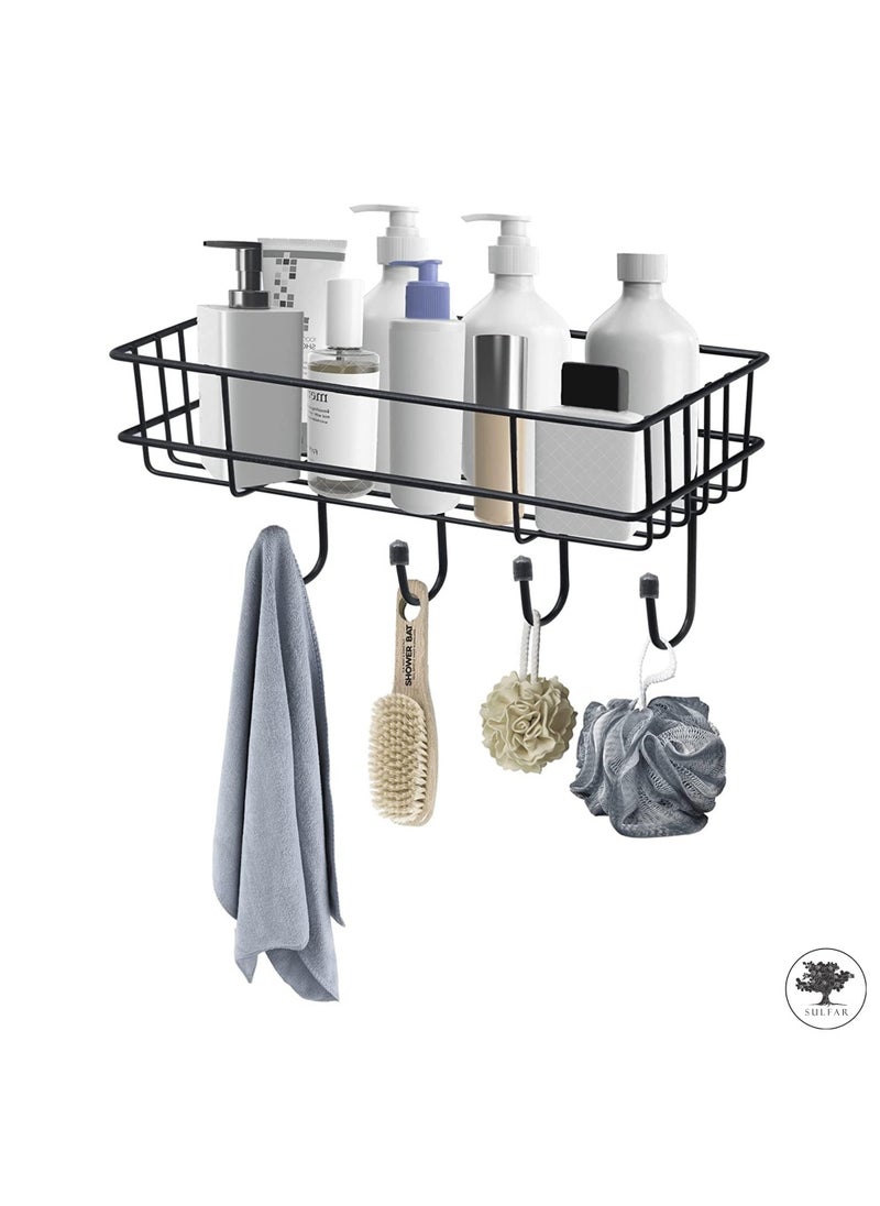 sulfar - MS Self Adhesive Bathroom Shelf with Hooks for Wall, Shelf Organizer, Kitchen Shelf with Magic Stickers - Pack of 1 (Black) - Image 1