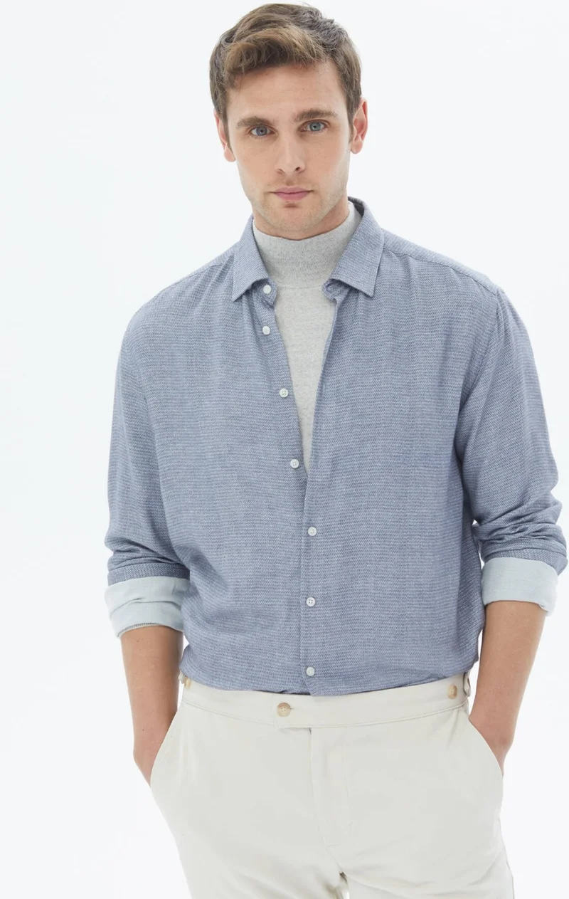 Kip Blue Patterned Regular Fit Woven Casual Shirt