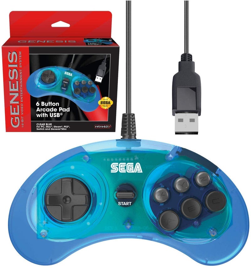 Retro Bit Retro-Bit Official Sega Genesis USB Controller 6-Button Arcade Pad for Sega Genesis Mini, PS3, PC, Mac, Steam, Switch - USB Port - (Clear Blue) - Image 1