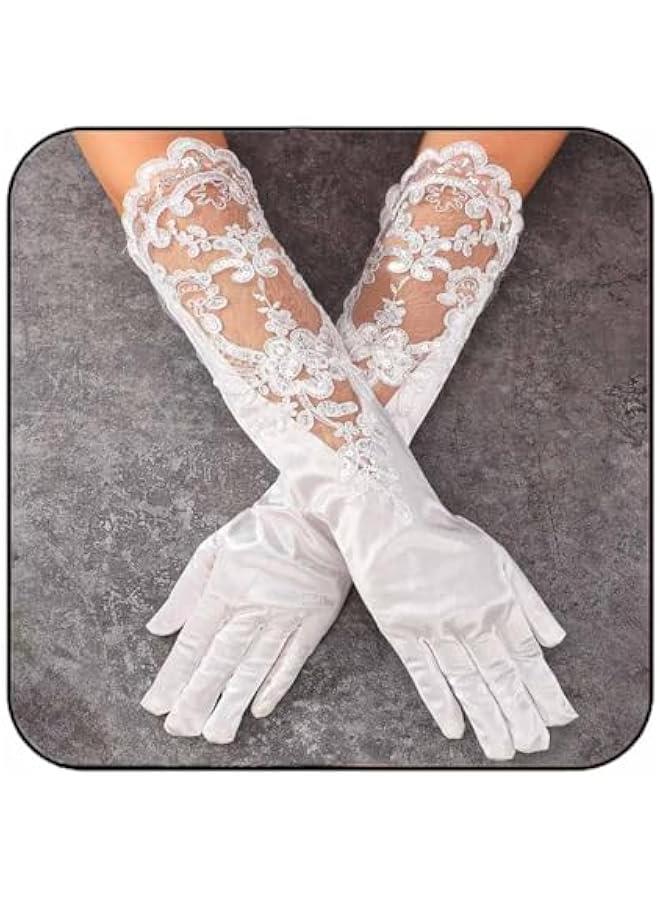 Long Finger Satin Bride Wedding Gloves White Lace Elbow Length Bridal Gloves Prom Accessories for Women  - Image 1