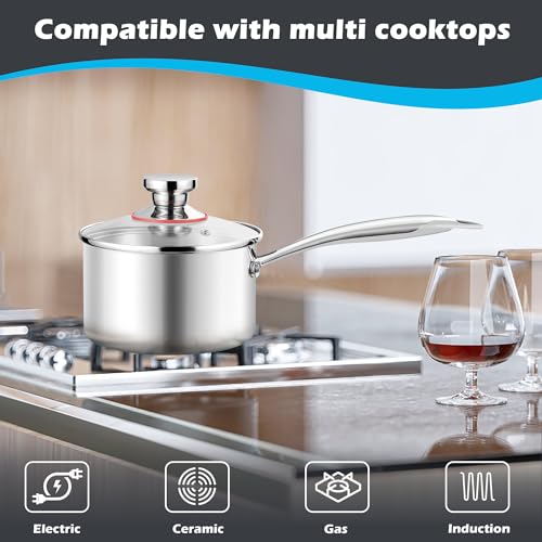 E-far 3-Quart Saucepan, Tri-Ply Stainless Steel Sauce Pan with Glass Lid, Small Cooking Induction Pot Compatible with All Cooktops, Non Toxic, Oven & Dishwasher Safe - Image 3