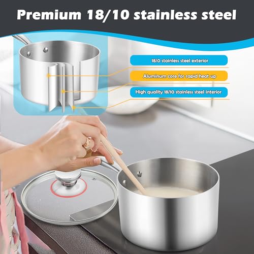 E-far 3-Quart Saucepan, Tri-Ply Stainless Steel Sauce Pan with Glass Lid, Small Cooking Induction Pot Compatible with All Cooktops, Non Toxic, Oven & Dishwasher Safe - Image 4