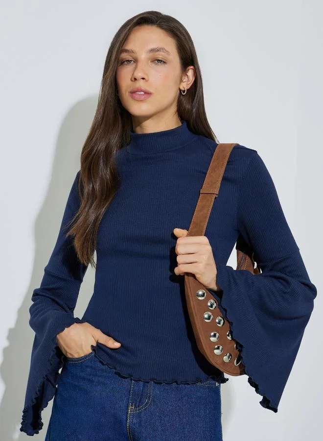 ستايلي Navy Blue Bell Sleeves Ribbed Knit Top