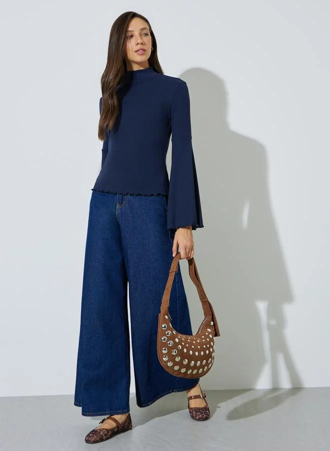 ستايلي Navy Blue Bell Sleeves Ribbed Knit Top