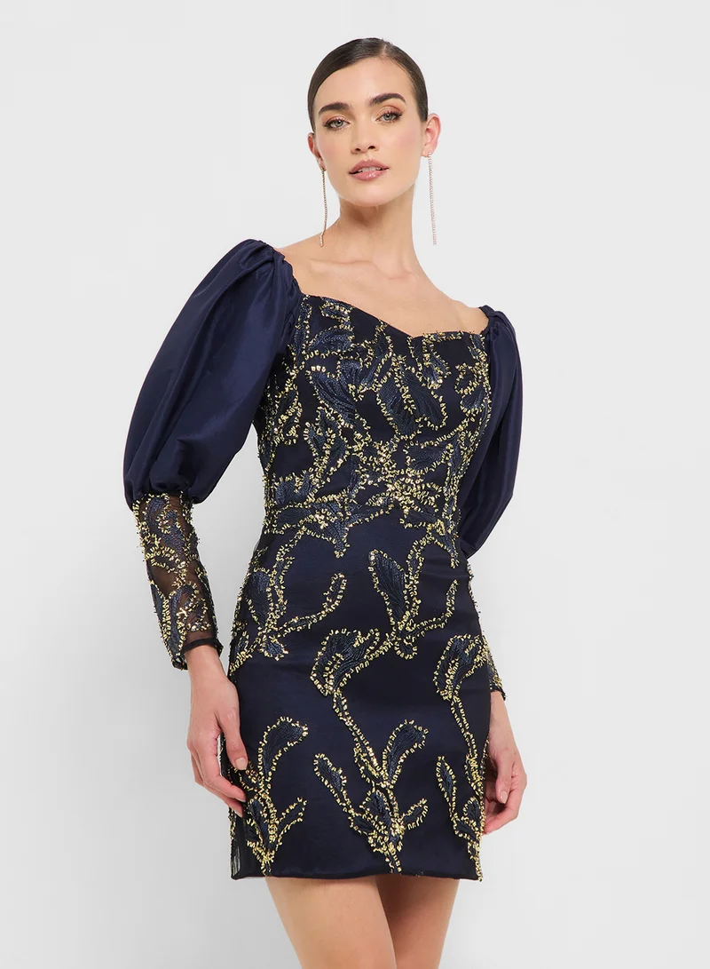 جينجر بوتيك eclat luxe puff sleeves sweetheart neckline sequin dress
