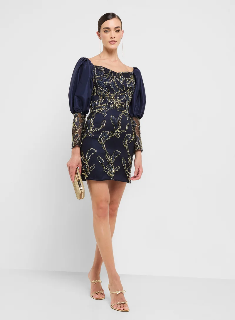 Ginger Boutique eclat luxe puff sleeves sweetheart neckline sequin dress