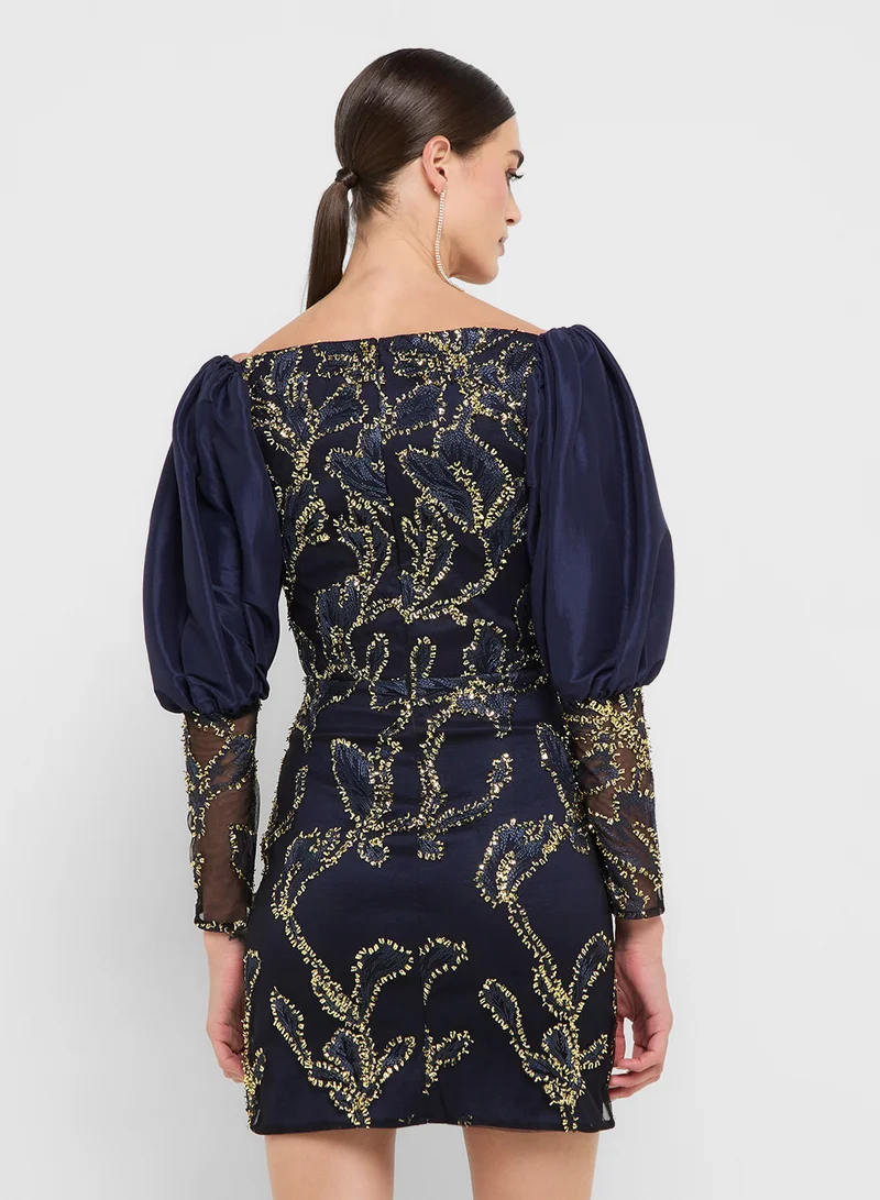 جينجر بوتيك eclat luxe puff sleeves sweetheart neckline sequin dress