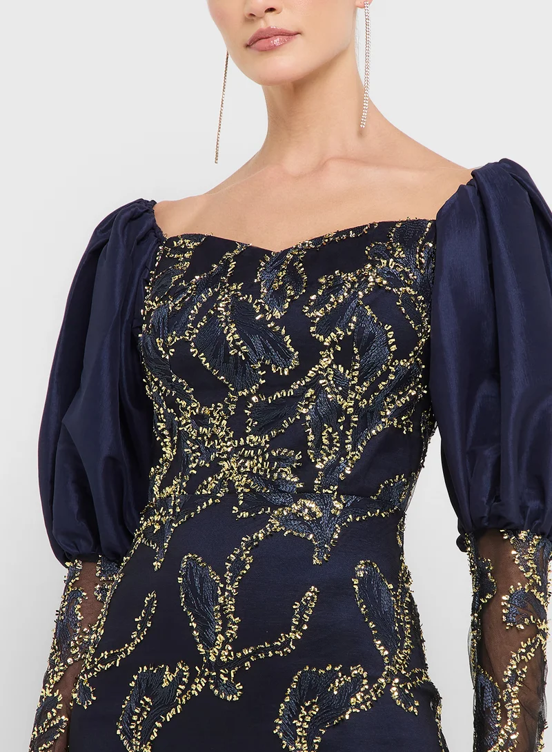 Ginger Boutique eclat luxe puff sleeves sweetheart neckline sequin dress