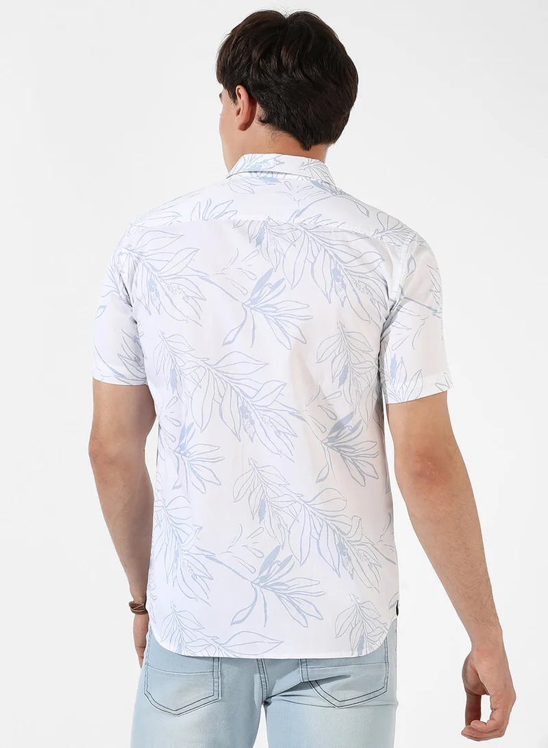 CAHOOT  Men's White Printed Button Up Spread Collar Shirt For Casual Wear | Regular Fit | Cotton Shirt Crafted With Short Sleeve, Comfort Fit & High-Performance For Everyday Wear for Men | Best Price UAE