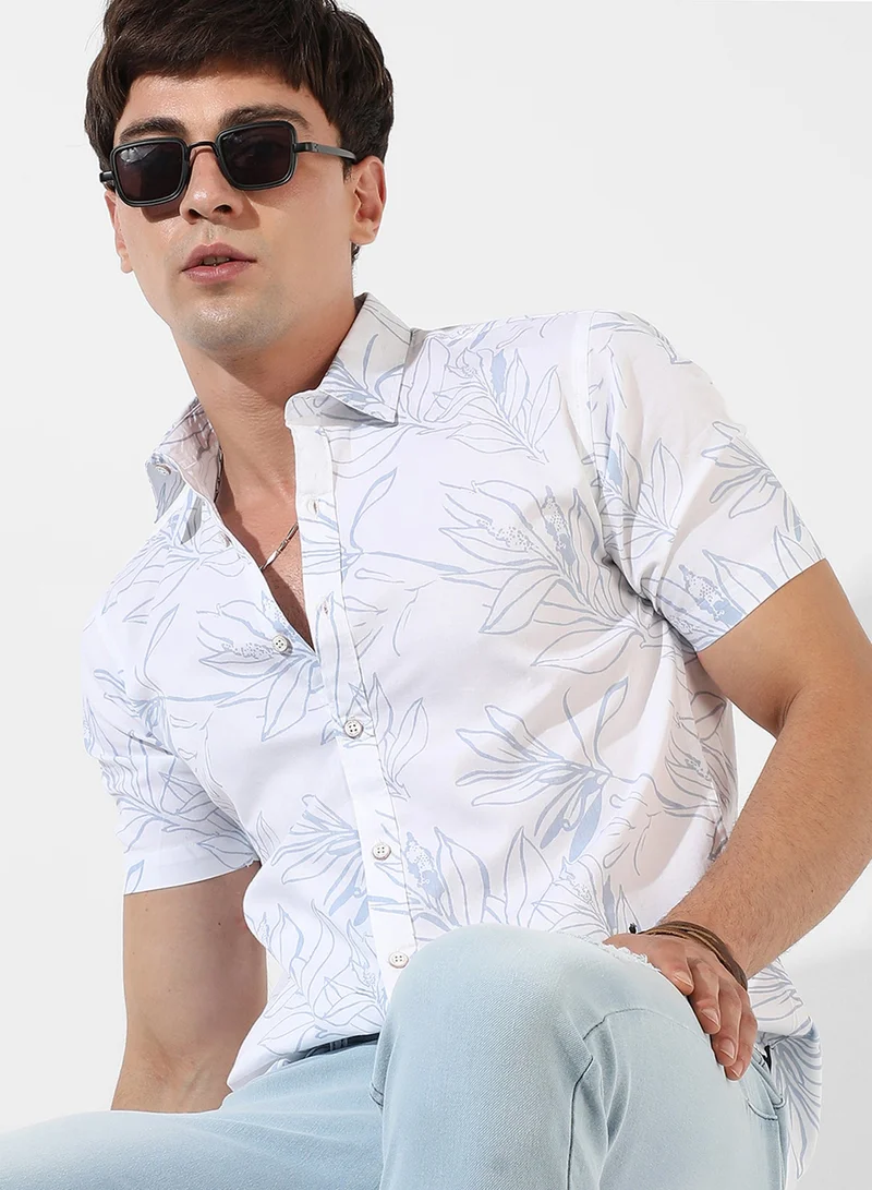 CAHOOT  Men's White Printed Button Up Spread Collar Shirt For Casual Wear | Regular Fit | Cotton Shirt Crafted With Short Sleeve, Comfort Fit & High-Performance For Everyday Wear for Men | Best Price UAE