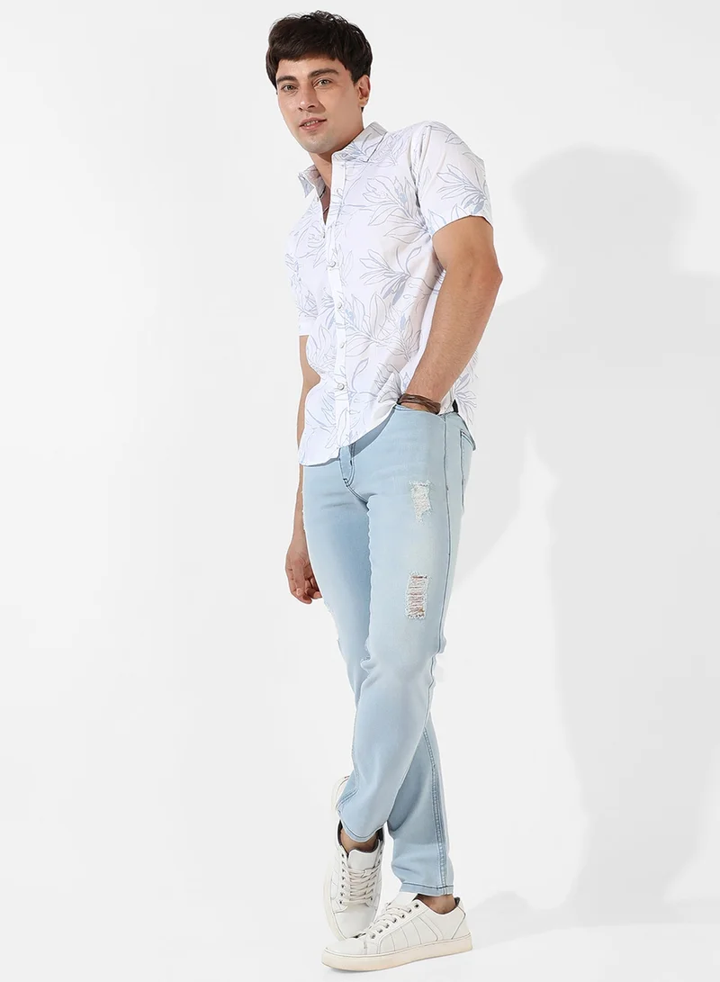 CAHOOT  Men's White Printed Button Up Spread Collar Shirt For Casual Wear | Regular Fit | Cotton Shirt Crafted With Short Sleeve, Comfort Fit & High-Performance For Everyday Wear for Men | Best Price UAE