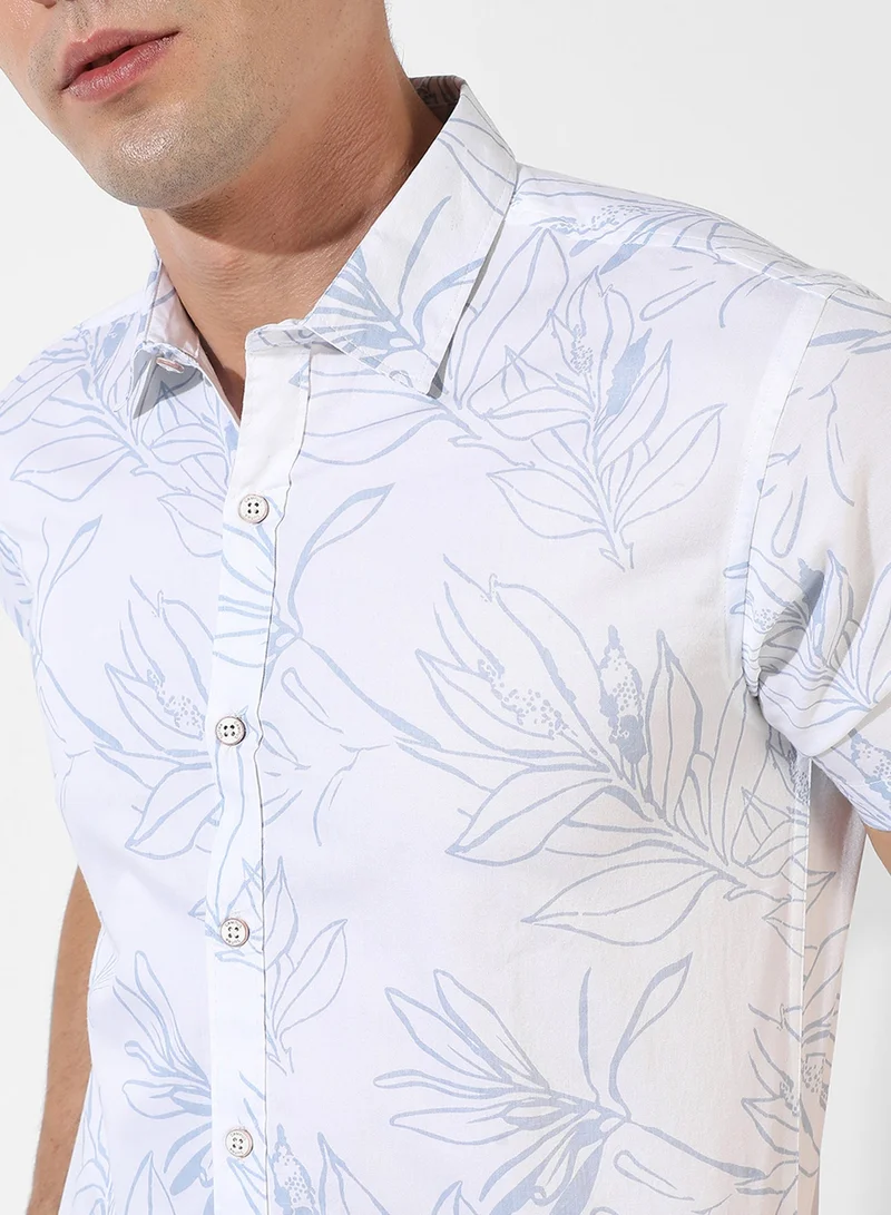 CAHOOT  Men's White Printed Button Up Spread Collar Shirt For Casual Wear | Regular Fit | Cotton Shirt Crafted With Short Sleeve, Comfort Fit & High-Performance For Everyday Wear for Men | Best Price UAE