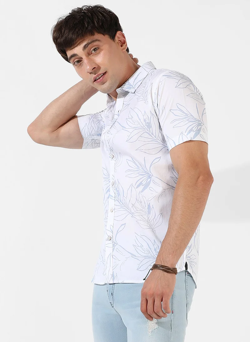 CAHOOT  Men's White Printed Button Up Spread Collar Shirt For Casual Wear | Regular Fit | Cotton Shirt Crafted With Short Sleeve, Comfort Fit & High-Performance For Everyday Wear for Men | Best Price UAE