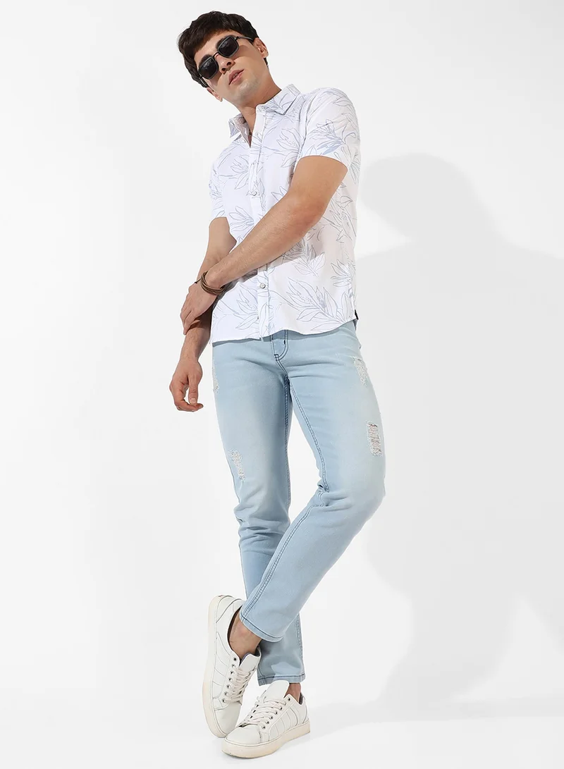 CAHOOT  Men's White Printed Button Up Spread Collar Shirt For Casual Wear | Regular Fit | Cotton Shirt Crafted With Short Sleeve, Comfort Fit & High-Performance For Everyday Wear for Men | Best Price UAE