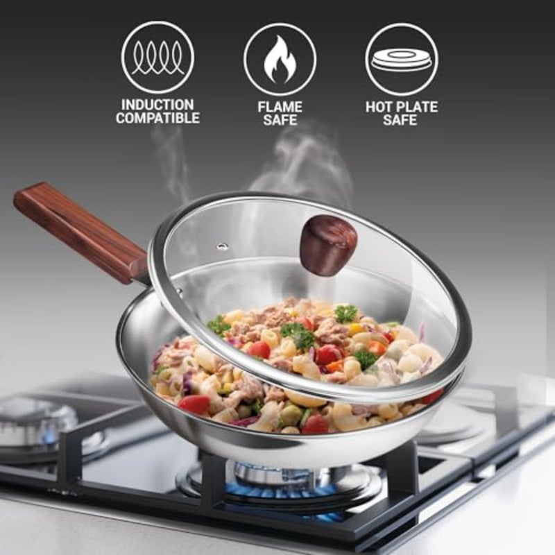 Induction gas stove cookware: triply stainless steel fry pan 26 cm, silver, heavy bottom for healthy low-oil cooking, glass lid, wooden handle, 3Y warranty - Image 2