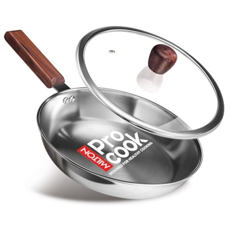 Induction gas stove cookware: triply stainless steel fry pan 26 cm, silver, heavy bottom for healthy low-oil cooking, glass lid, wooden handle, 3Y warranty - Image 1