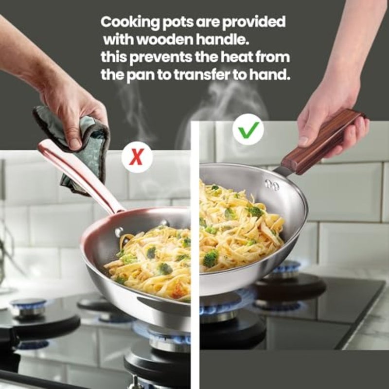 Induction gas stove cookware: triply stainless steel fry pan 26 cm, silver, heavy bottom for healthy low-oil cooking, glass lid, wooden handle, 3Y warranty - Image 3