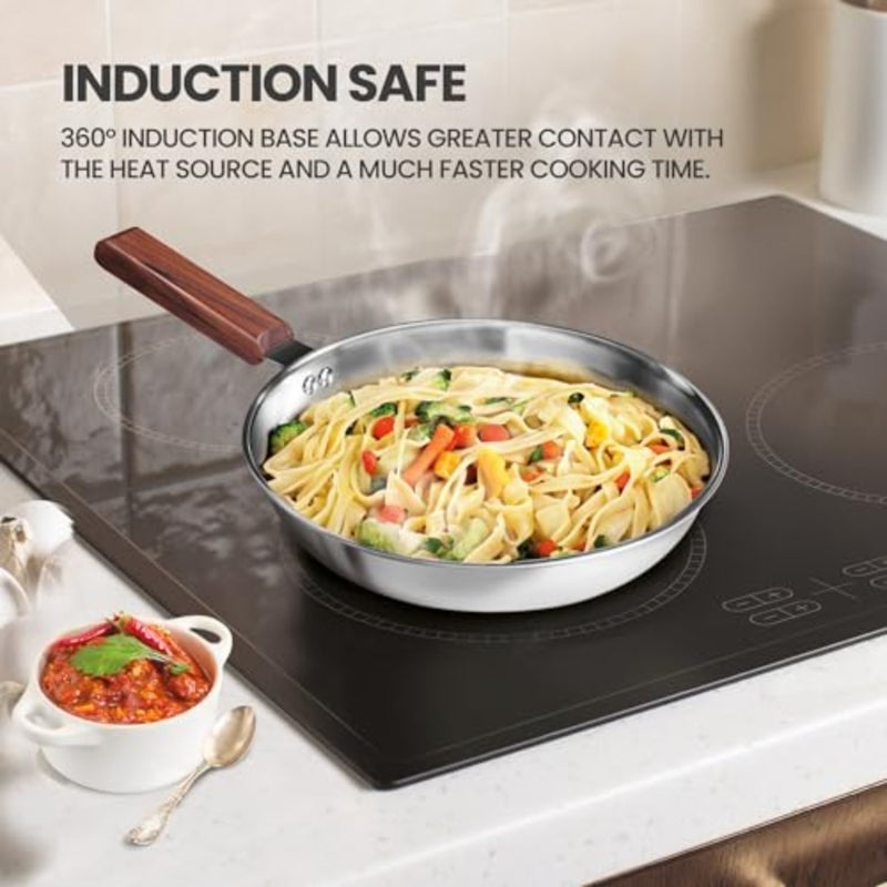 Induction gas stove cookware: triply stainless steel fry pan 26 cm, silver, heavy bottom for healthy low-oil cooking, glass lid, wooden handle, 3Y warranty - Image 4
