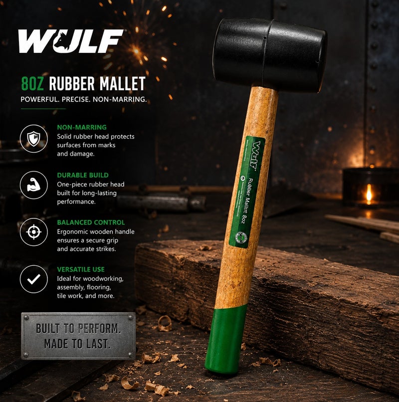 WULF Professional 8oz Rubber Mallet with Non-Marring Black Rubber Head & Durable Hardwood Handle, Soft Face Hammer for Woodworking, Flooring Installation, Automotive Assembly & DIY Repair - Image 3