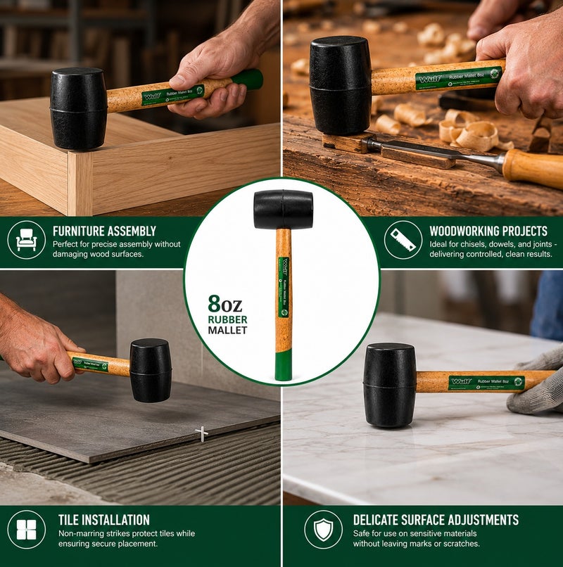 WULF Professional 8oz Rubber Mallet with Non-Marring Black Rubber Head & Durable Hardwood Handle, Soft Face Hammer for Woodworking, Flooring Installation, Automotive Assembly & DIY Repair - Image 2