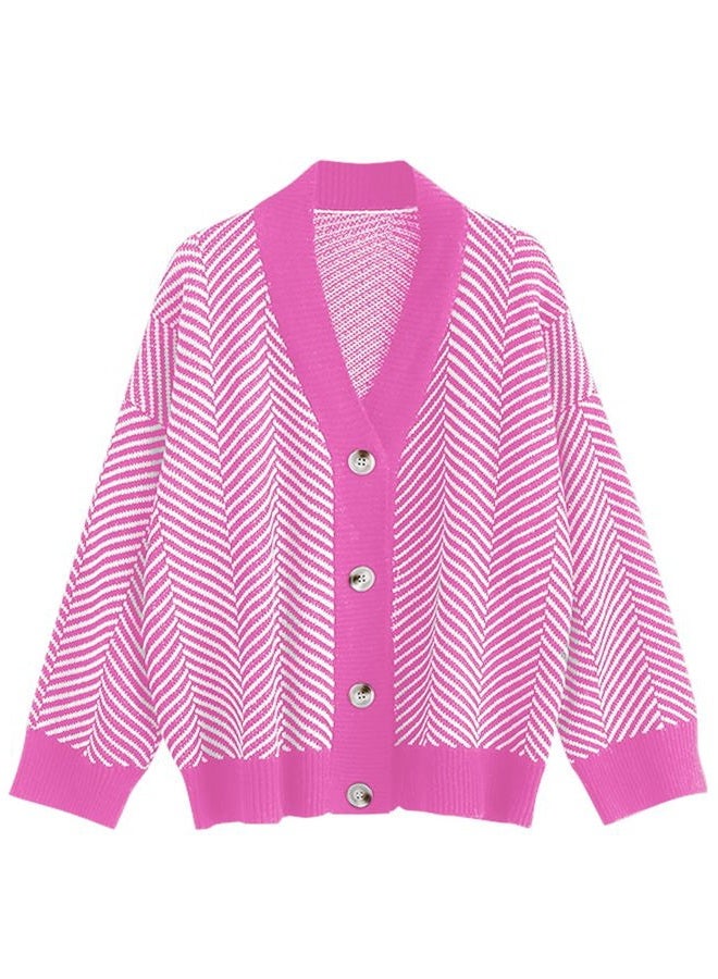 ZAFUL Women's Striped Cardigan Long Sleeve Button Up Open Front Knit Oversized Sweater, 1-rose Red, One size - Image 1