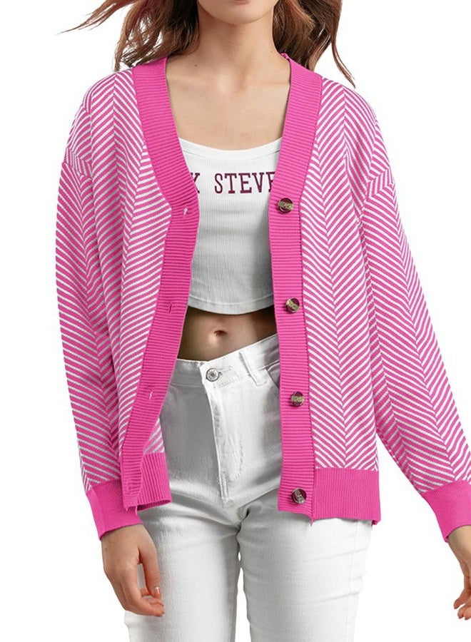 ZAFUL Women's Striped Cardigan Long Sleeve Button Up Open Front Knit Oversized Sweater, 1-rose Red, One size - Image 3