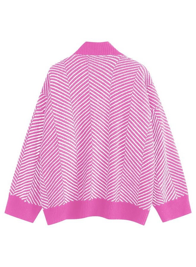 ZAFUL Women's Striped Cardigan Long Sleeve Button Up Open Front Knit Oversized Sweater, 1-rose Red, One size - Image 4