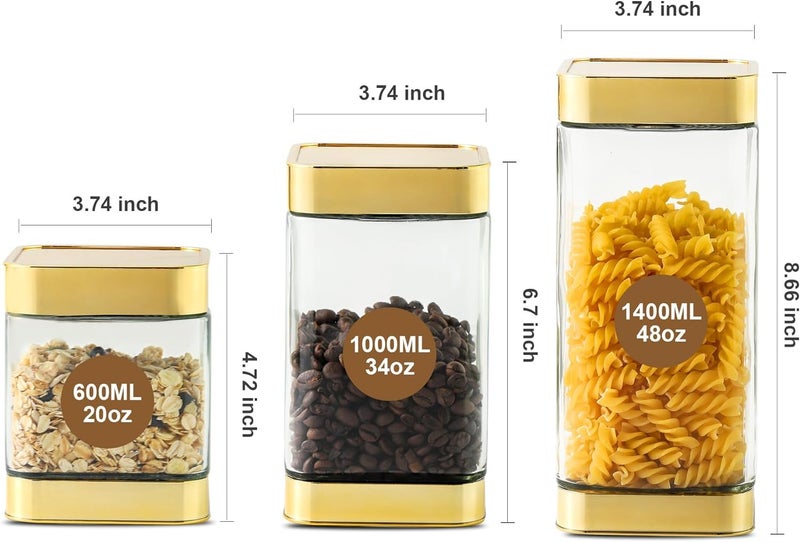 BETTWILL Glass Storage Jars-Large Kitchen Glass Canisters with Airtight Lids -Coffee Pasta Sugar Tea Snack Nuts Cookie Flour Food Container - Set of 3-Gold Color. - Image 2