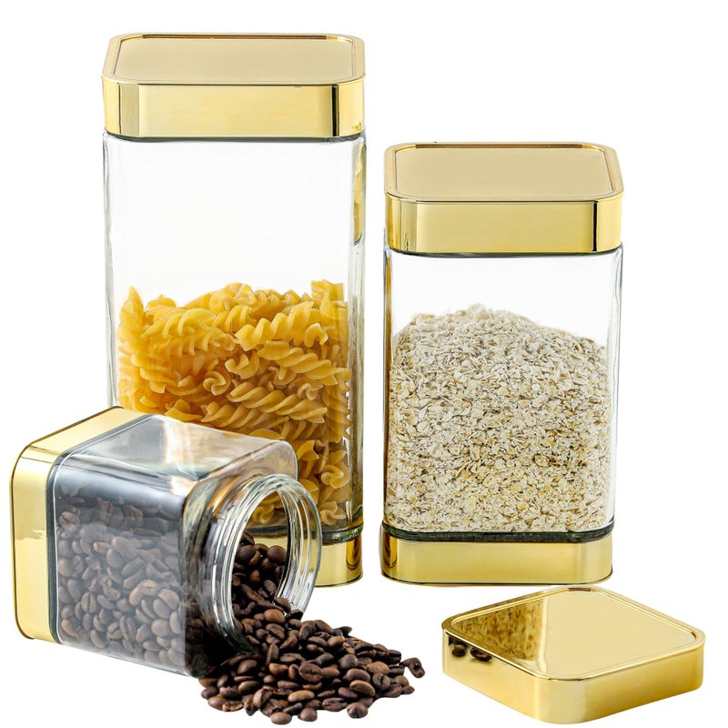 BETTWILL Glass Storage Jars-Large Kitchen Glass Canisters with Airtight Lids -Coffee Pasta Sugar Tea Snack Nuts Cookie Flour Food Container - Set of 3-Gold Color. - Image 1