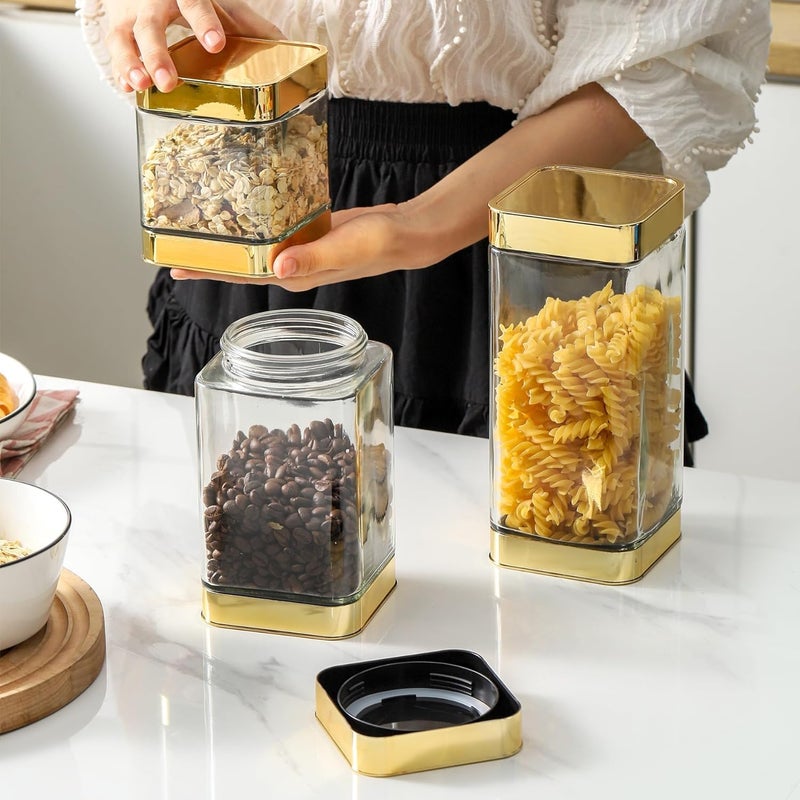 BETTWILL Glass Storage Jars-Large Kitchen Glass Canisters with Airtight Lids -Coffee Pasta Sugar Tea Snack Nuts Cookie Flour Food Container - Set of 3-Gold Color. - Image 5