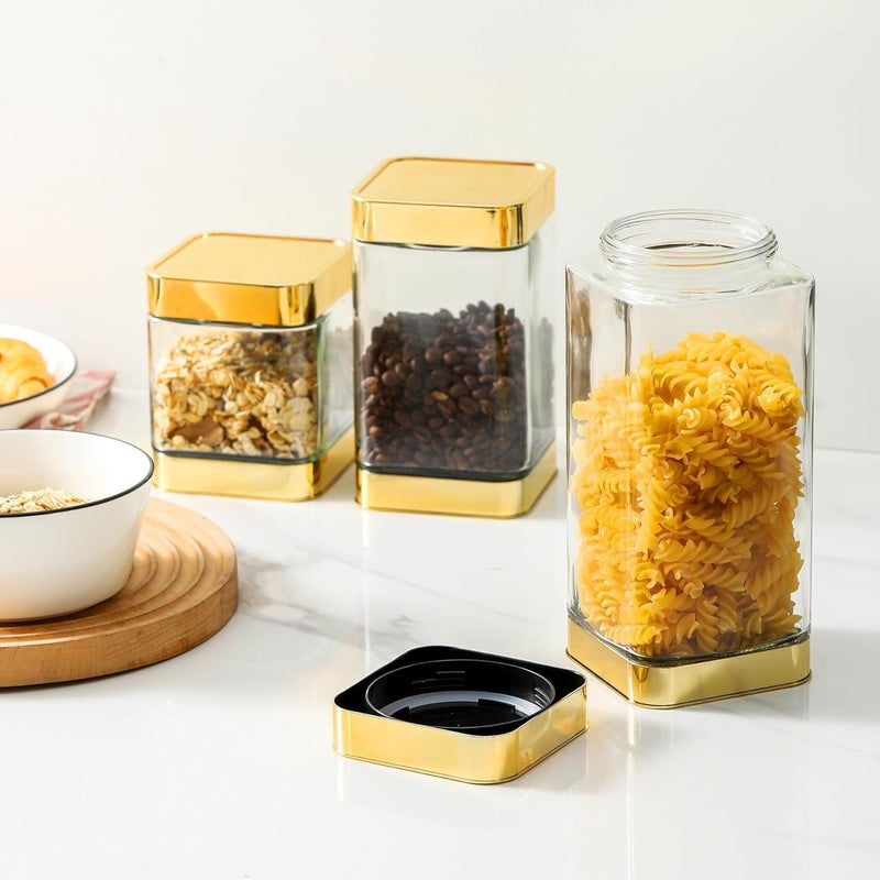 BETTWILL Glass Storage Jars-Large Kitchen Glass Canisters with Airtight Lids -Coffee Pasta Sugar Tea Snack Nuts Cookie Flour Food Container - Set of 3-Gold Color. - Image 4