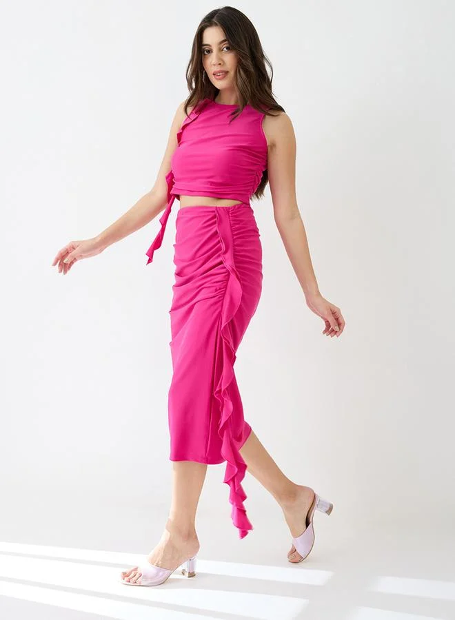 globus Pink Ruffle Draped Crop Top and Skirt Co-ords