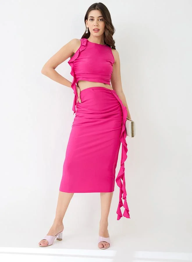 globus Pink Ruffle Draped Crop Top and Skirt Co-ords
