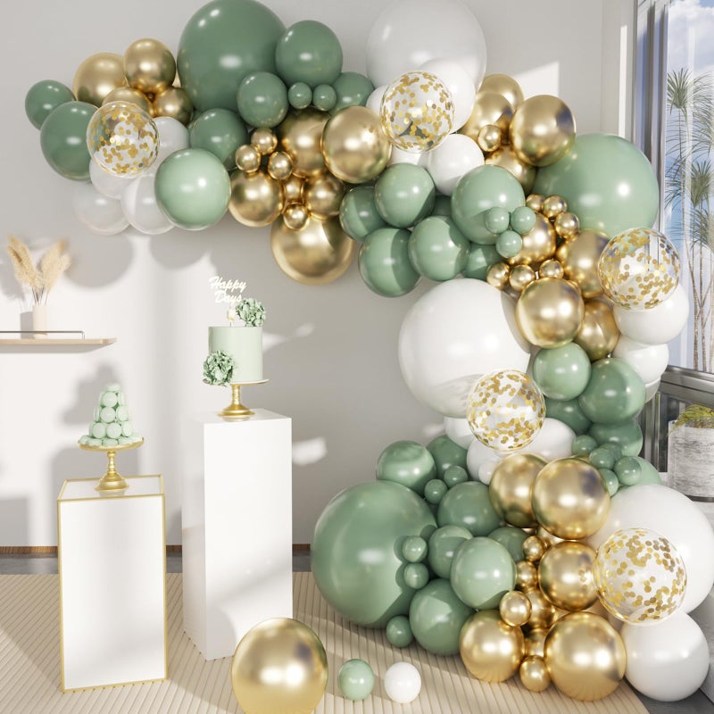 MEBAY Sage Green White Gold Balloon Garland Arch Kit, 146Pcs Latex Balloons Different Sizes 18 12 10 5 Inch for Birthday Baby Shower Gender Reveal Wedding Party Decoration - Image 1