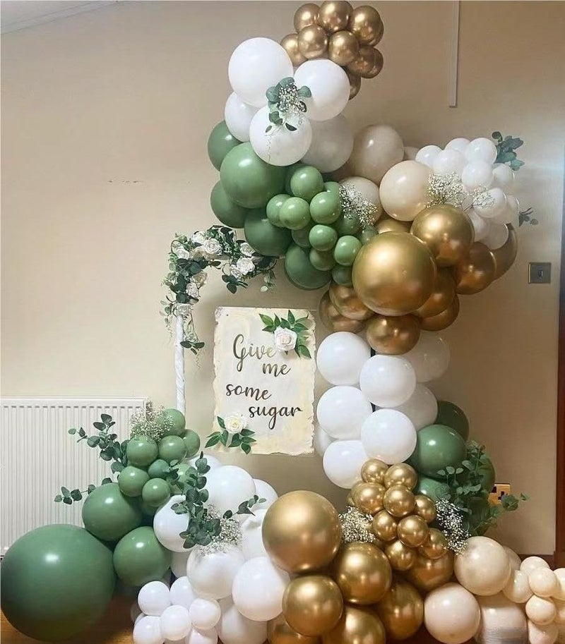 MEBAY Sage Green White Gold Balloon Garland Arch Kit, 146Pcs Latex Balloons Different Sizes 18 12 10 5 Inch for Birthday Baby Shower Gender Reveal Wedding Party Decoration - Image 4